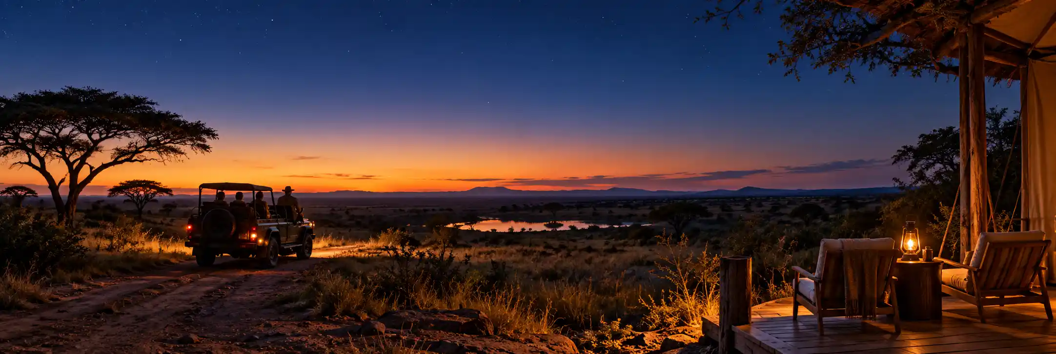 Safari vehicle on an African reserve track at twilight beneath a star-filled sky.