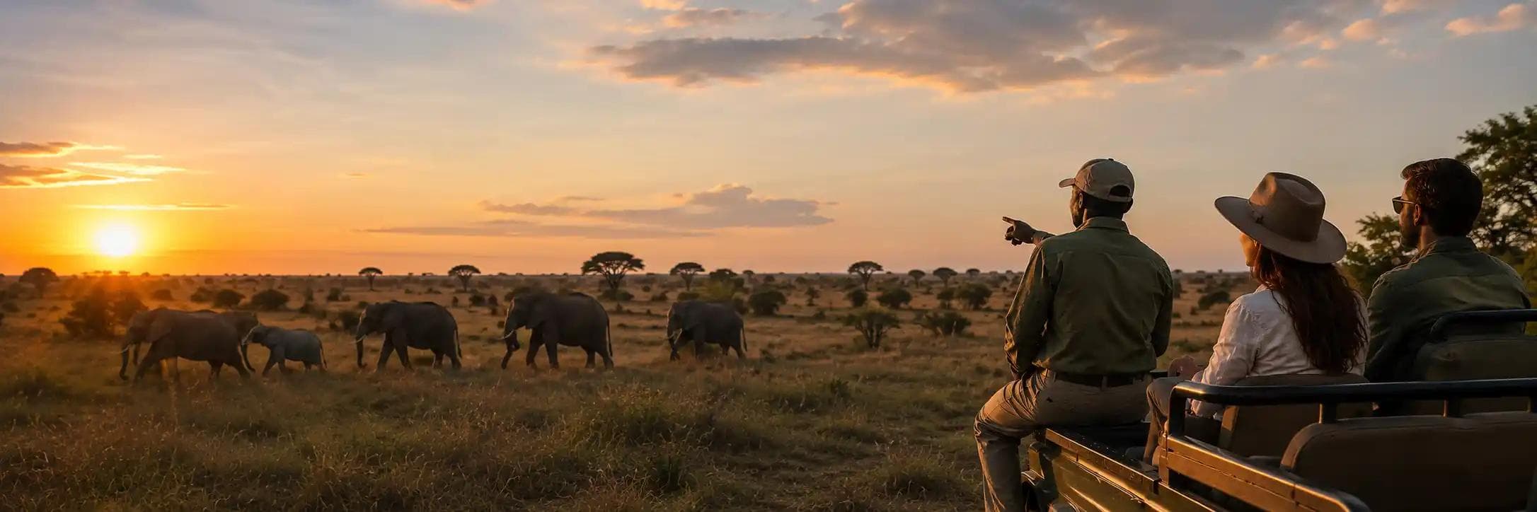 Safari guests watching elephants with an expert guide in a protected African conservancy.