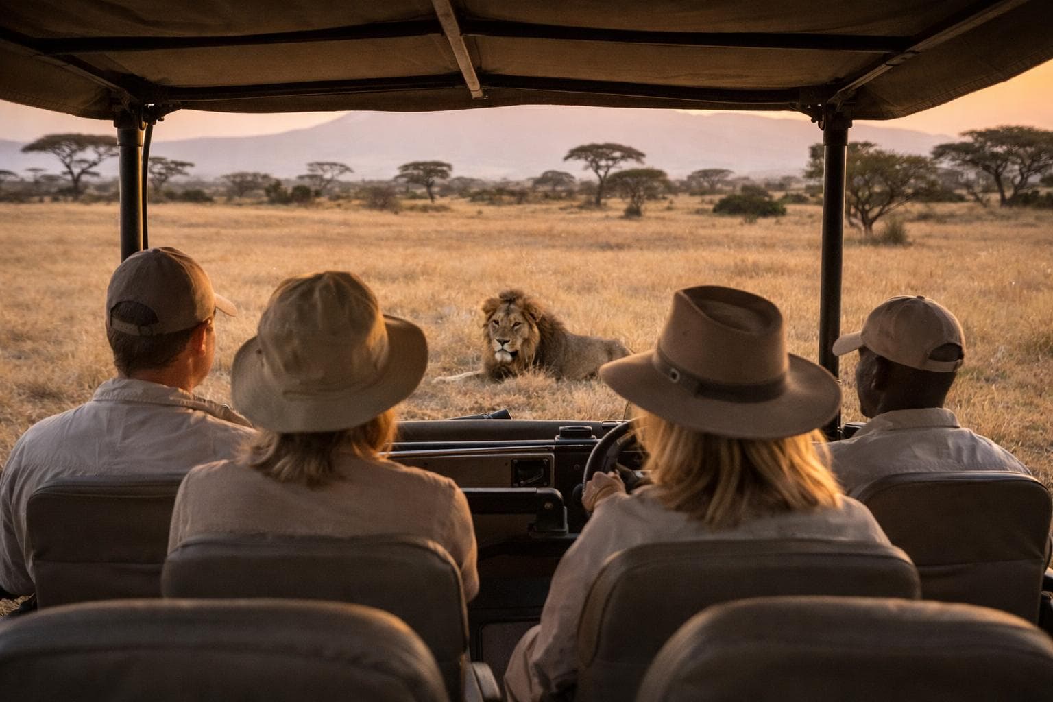 Private safari guests observing a male lion from an open game drive vehicle at sunset in the African savannah.