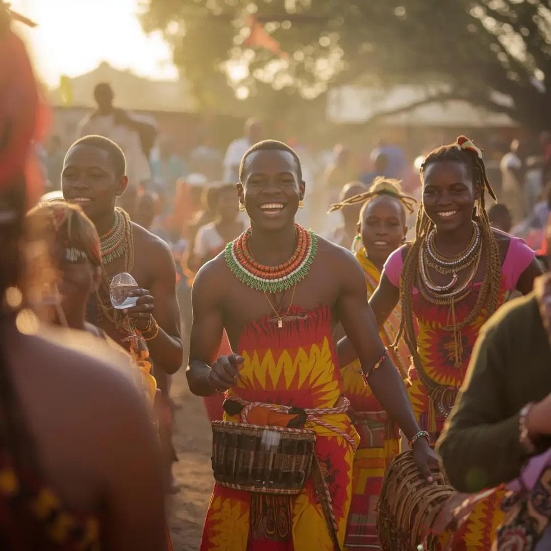 Local community members dancing outdoors in traditional attire at sunset.